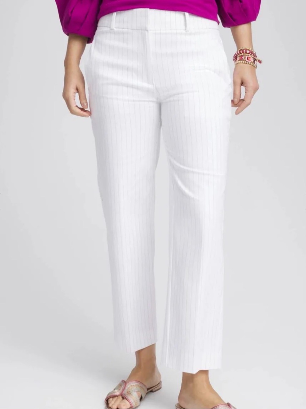 Chico’s Striped Straight Leg Cropped Pants White 2R 12R